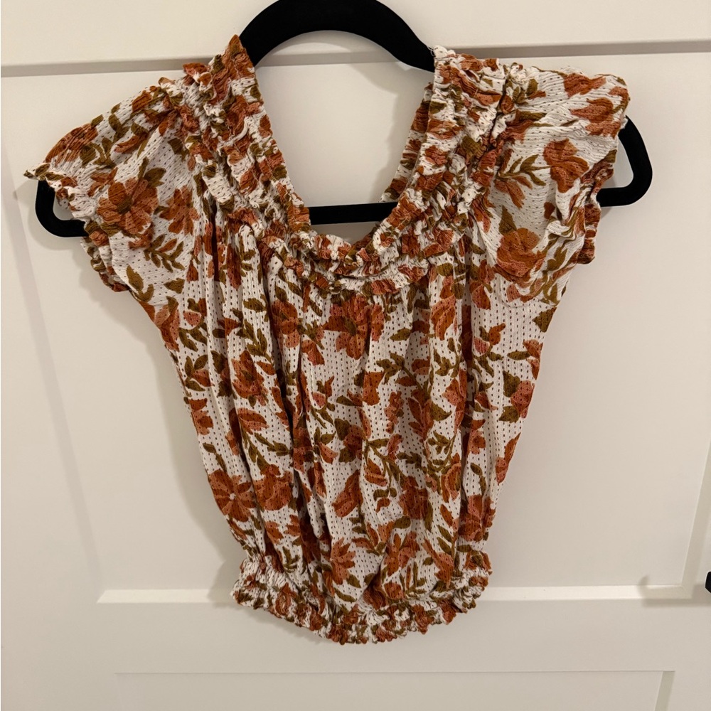 FP One Floral Smocked Peplum Top Cottagecore Boho Short Sleeve Size Small
